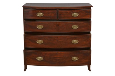 Lot 170 - A GEORGE III FLAME MAHOGANY AND LINE INLAID BOWFRONT CHEST, EARLY 19TH CENTURY