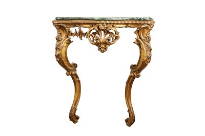 Lot 150 - A 19TH CENTURY BAROQUE STYLE CARVED GILTWOOD SERPENTINE CONSOLE TABLE