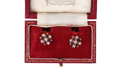 Lot 222 - A PAIR OF OPAL AND RUBY CLUSTER EARSTUDS