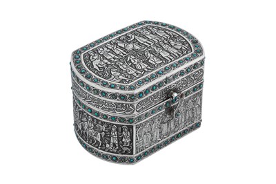 Lot 287 - An early 20th century Persian (Iranian) turquoise set silver box, Isfahan circa 1910 mark of Ja'far