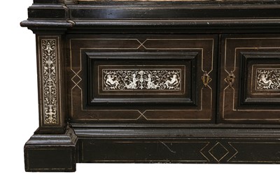 Lot 174 - A 19TH CENTURY ITALIAN EBONISED AND BONE INLAID BREAKFRONT DISPLAY CABINET
