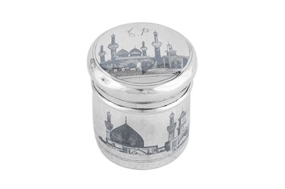Lot 266 - A mid-20th century Iraqi silver and niello tobacco jar or tea caddy, Omara circa 1940 signed Sardr
