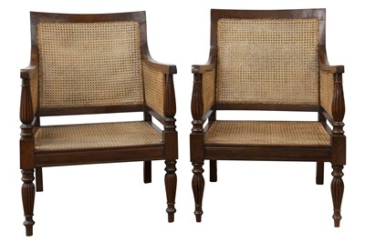 Lot 75 - PAIR OF REGENCY STYLE TEAK BERGERE LIBRARY ARMCHAIRS