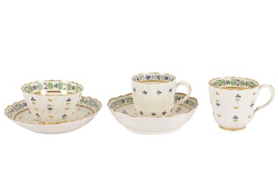 Lot 135 - A CAUGHLEY FLUTED COFFEE CUP AND SAUCER IN THE "BROSELEY" SHAPE, CIRCA 1795