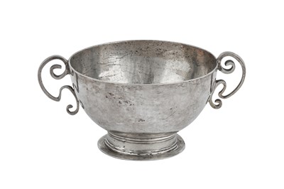 Lot 324 - A mid-18th century German silver small twin handled porringer, apparently Landshut circa 1750 by Martin Spitzelberger (active until 1759)