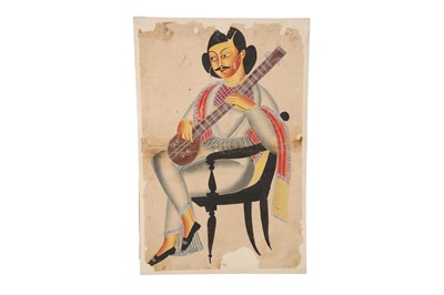 Lot 542 - A KALIGHAT PAINTING OF AN INDIAN MUSICIAN