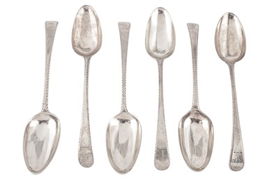 Lot 385 - A matched set of six George III sterling silver tablespoons, London 1773/74/75 by Hester Bateman
