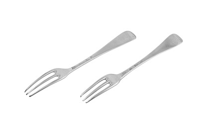 Lot 408 - Two George II Scottish silver table forks, Edinburgh 1733 / 37 by John Kincard