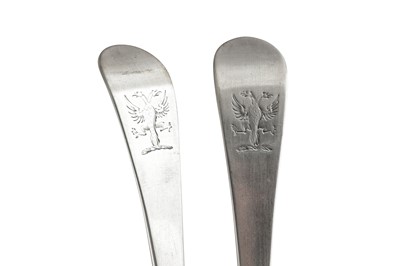 Lot 18 - A PAIR OF GEORGE III PROVINCIAL STERLING SILVER TABLESPOONS, EXETER 1781 BY THOMAS EUSTACE