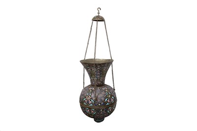 Lot 645 - A POLYCHROME-ENAMELLED OPENWOR|K COPPER MOSQUE LAMP