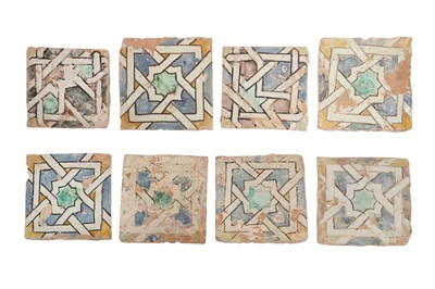 Lot 795 - EIGHT TUNISIAN POTTERY TILES WITH GEOMETRIC MOTIFS