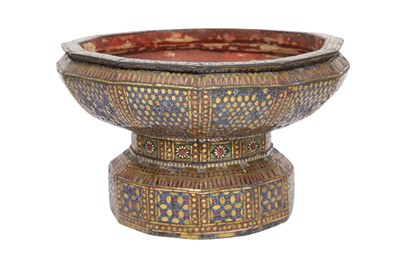 Lot 829 - A TWELVE-SIDED LACQUERED PEDESTAL BASIN (THALUM) INLAID WITH FOILED COLOURED GLASS