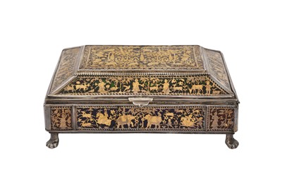 Lot 588 - A GOLD, COLOURED-GLASS AND PARCEL-GILT SILVER THEWA JEWELLERY BOX