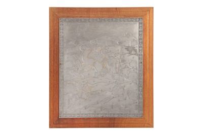 Lot 587 - AN ENGRAVED AND GOLD-DAMASCENED STEEL PLAQUE WITH A MUGHAL-REVIVAL HUNTING SCENE