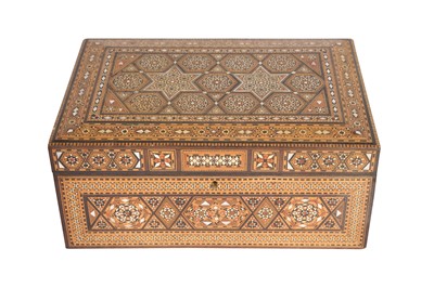 Lot 787 - λ A SMALL MOTHER-OF-PEARL, BONE, AND STAINED WOOD-INLAID CASKET