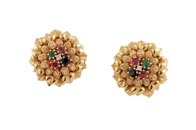 Lot 84 - A pair of emerald, ruby, sapphire and diamond earrings