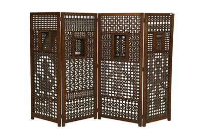 Lot 643 - A HARDWOOD FOLDABLE FOUR-PANEL MASHRABIYA SCREEN