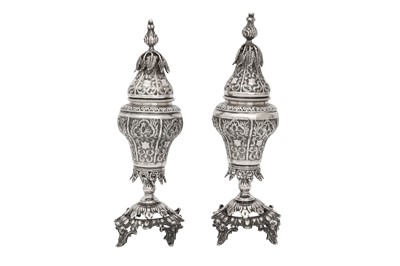 Lot 783 - A PAIR OF OTTOMAN SILVER REPOUSSÉ VASES