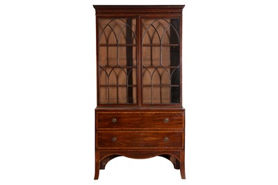 Lot 148 - A GEORGE III MAHOGANY STRUNG AND SATINWOOD CROSSBANDED SECRETAIRE BOOKCASE