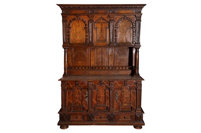 Lot 171 - A 17TH CENTURY AND LATER INLAID OAK COURT CUPBOARD
