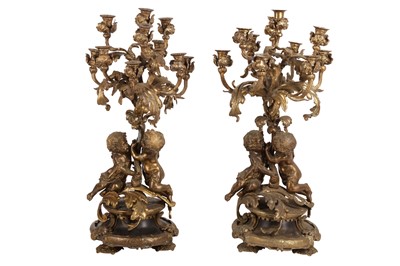 Lot 194 - A PAIR OF LATE 19TH TO EARLY 20TH CENTURY LARGE FRENCH BRONZE CANDELABRA
