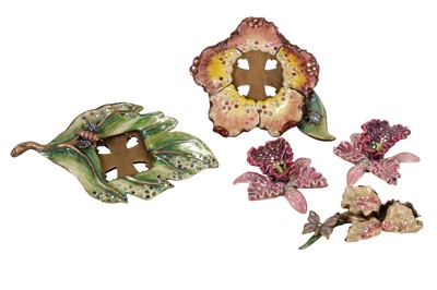 Lot 362 - A PAIR OF ENAMELED PICTURE FRAMES AND A GROUP OF THREE MATCHING ENAMELED FLOWERS