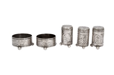 Lot 674 - AN IRANIAN SILVER FIVE-PIECE CRUET SET