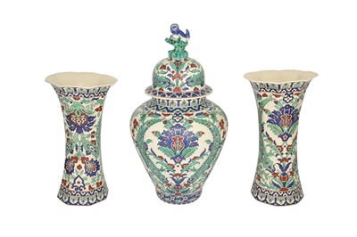 Lot 725 - A BFK IZNIK-STYLE THREE-PIECE PORCELAIN MANTEL GARNITURE SET