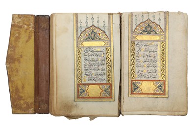 Lot 405 - AN OTTOMAN QUR’AN IN A FITTED BROWN LEATHER SATCHEL