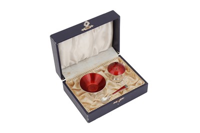 Lot 309 - A cased mid-20th century Danish sterling silver and guilloche enamel novelty cruet set, circa 1960 by Elgon Lauridsen