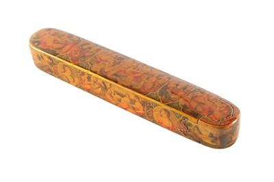 Lot 34 - A LACQUERED PAPIER-MÂCHÉ PEN CASE (QALAMDAN) WITH WESTERNISED FEMALE BEAUTIES