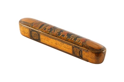Lot 44 - A LACQUERED PAPIER-MÂCHÉ PEN CASE (QALAMDAN) WITH CHERUBS AND CALLIGRAPHY
