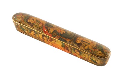 Lot 43 - A LACQUERED PAPIER-MÂCHÉ PEN CASE (QALAMDAN) WITH WESTERNISED MOTHER AND CHILD SCENES