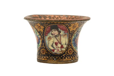 Lot 63 - A QAJAR GILT-COPPER POLYCHROME-PAINTED ENAMELLED QALYAN CUP