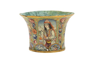 Lot 69 - A QAJAR POLYCHROME-PAINTED ENAMELLED GILT COPPER QALYAN CUP WITH LOVERS