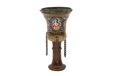 Lot 62 - A QAJAR POLYCHROME-PAINTED ENAMELLED SILVER AND COPPER QALYAN CUP WITH PORTRAITS