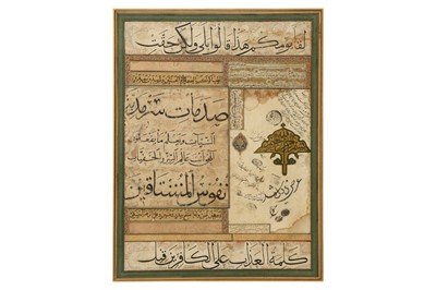 Lot 73 - TWO COMPOSITE MURAQQA' ALBUM CALLIGRAPHIC PANELS WITH THE 'SIX SCRIPTS'