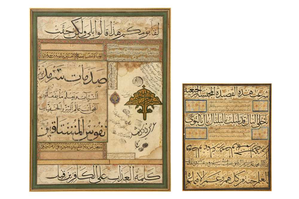73 - TWO COMPOSITE MURAQQA' ALBUM CALLIGRAPHIC PANELS WITH THE 'SIX SCRIPTS'