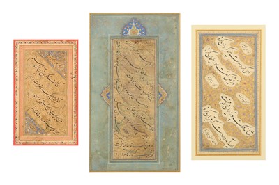 Lot 77 - THREE ILLUMINATED ALBUM PAGES OF NASTA’LIQ CALLIGRAPHY