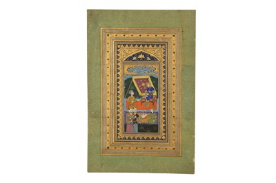 Lot 58 - AN ILLUMINATED FOLIO WITH AN ENTHRONED PRINCE IN CONVERSATION