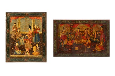 Lot 42 - TWO LARGE QAJAR LACQUERED PAPIER-MÂCHÉ PANELS WITH BANQUET SCENES