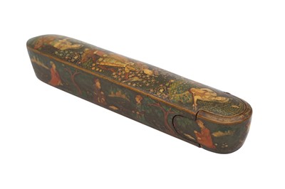 Lot 30 - A LARGE LACQUERED PAPIER-MÂCHÉ PEN CASE WITH INDIAN FIGURES