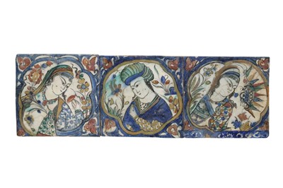 Lot 14 - A PANEL OF THREE SAFAVID KUBACHI FIGURAL POTTERY TILES