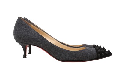 Lot 51 - Christian Louboutin Grey Geo Spike Kitten Heel Pump