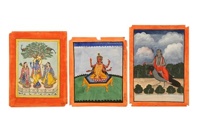 Lot 247 - TWO PAINTINGS AND A HAND-COLOURED PRINT OF HINDU DEITIES