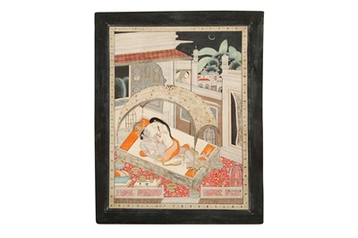 Lot 241 - AN ILLUSTRATION FROM A RASIKA PRIYA SERIES: RADHA AND KRISHNA ON A MOONLIT TERRACE