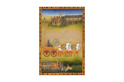 Lot 265 - AN ILLUSTRATED SCENE FROM A MAHABHARATA SERIES: KRISHNA AND ARJUNA RIDE INTO WAR