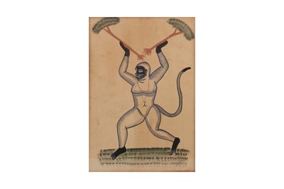 Lot 251 - A KALIGHAT-STYLE PAINTING OF THE MONKEY-GOD HANUMAN