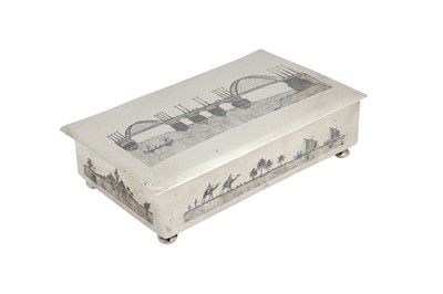 Lot 551 - AN IRAQI SILVER AND NIELLO CIGAR BOX WITH RIVER SCENES