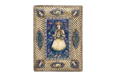 Lot 478 - A QAJAR POLYCHROME-PAINTED AND MOULDED POTTERY TILE WITH ARCHER